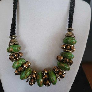 Stunning corded vintage necklace~ Copper beads with green turquoise stone